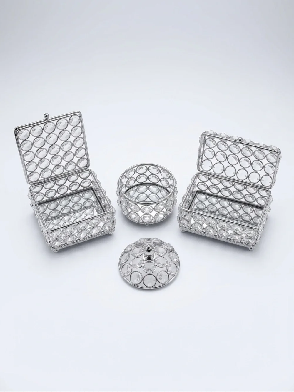 Crystal-Embellished Silver Jewelry Trinket Boxes Set